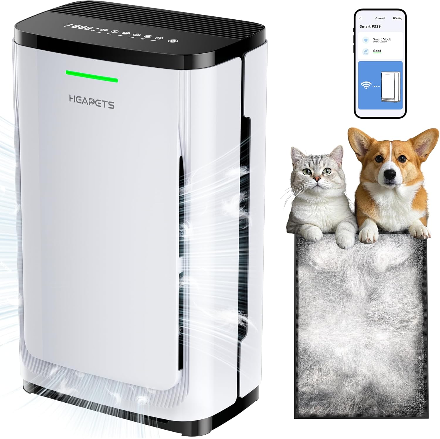 20260918-193413-358917 HEAPETS Pet Air Purifier Large Home up to 4200 sq ft, Suck up Floating Cat Dog Hair, 7-Stage Filter Anion Activated Carbon HEPA Air Purifiers WiFi for Dander Odor Allergies Smoke Dust, Zero Ozone, P339 White - Image 1